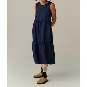 LINENFOX Amalie Midi Dress Women Small Medium Blue Tiered Sleeveless Linen Wool
